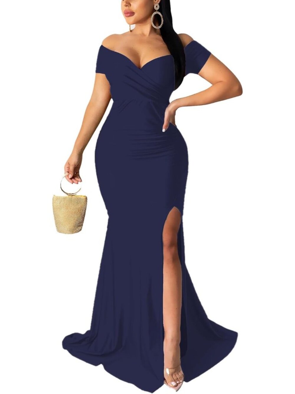 Women's Navy Off Shoulder Elegant V Neck Short Sleeve High Split Prom Dress